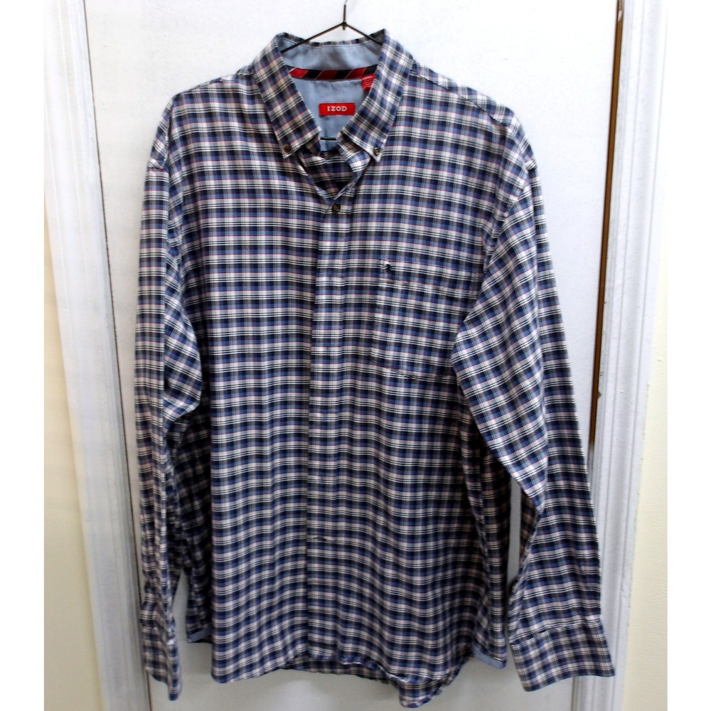 IZOD Mens Long Sleeve Button Down‎ Shirt Blue Oxford Plaid Size Large /#26352